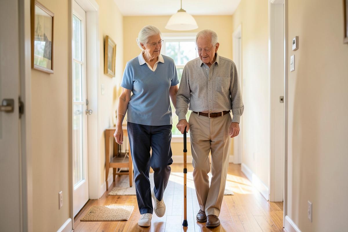 Un'assistente accompagna una persona anziana in casa
